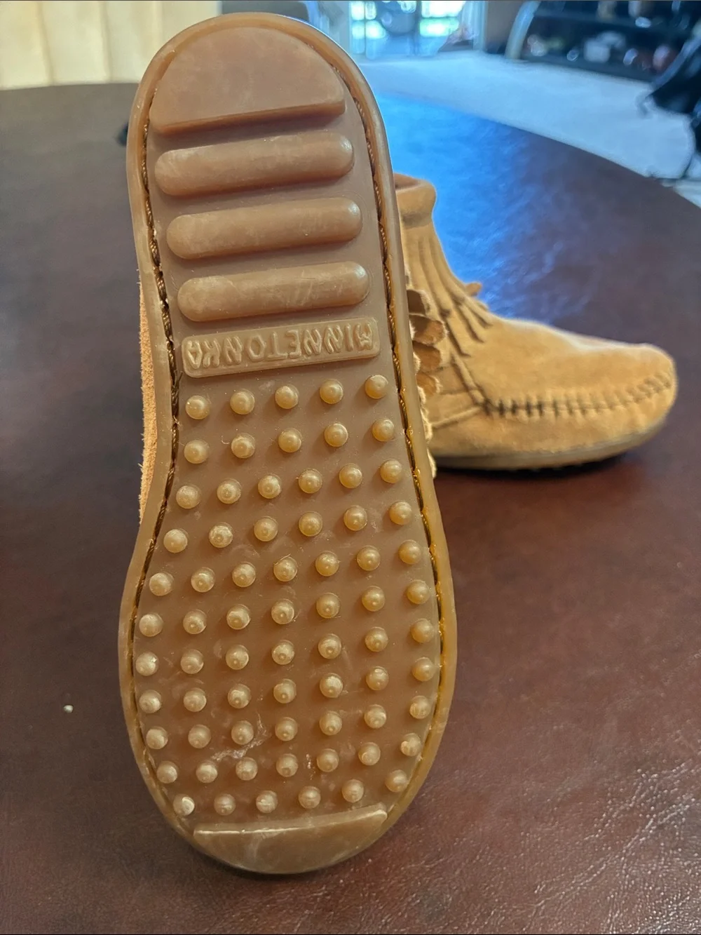 Minnetonka Kids Suede Moccasin Boots in Tan with Fringe